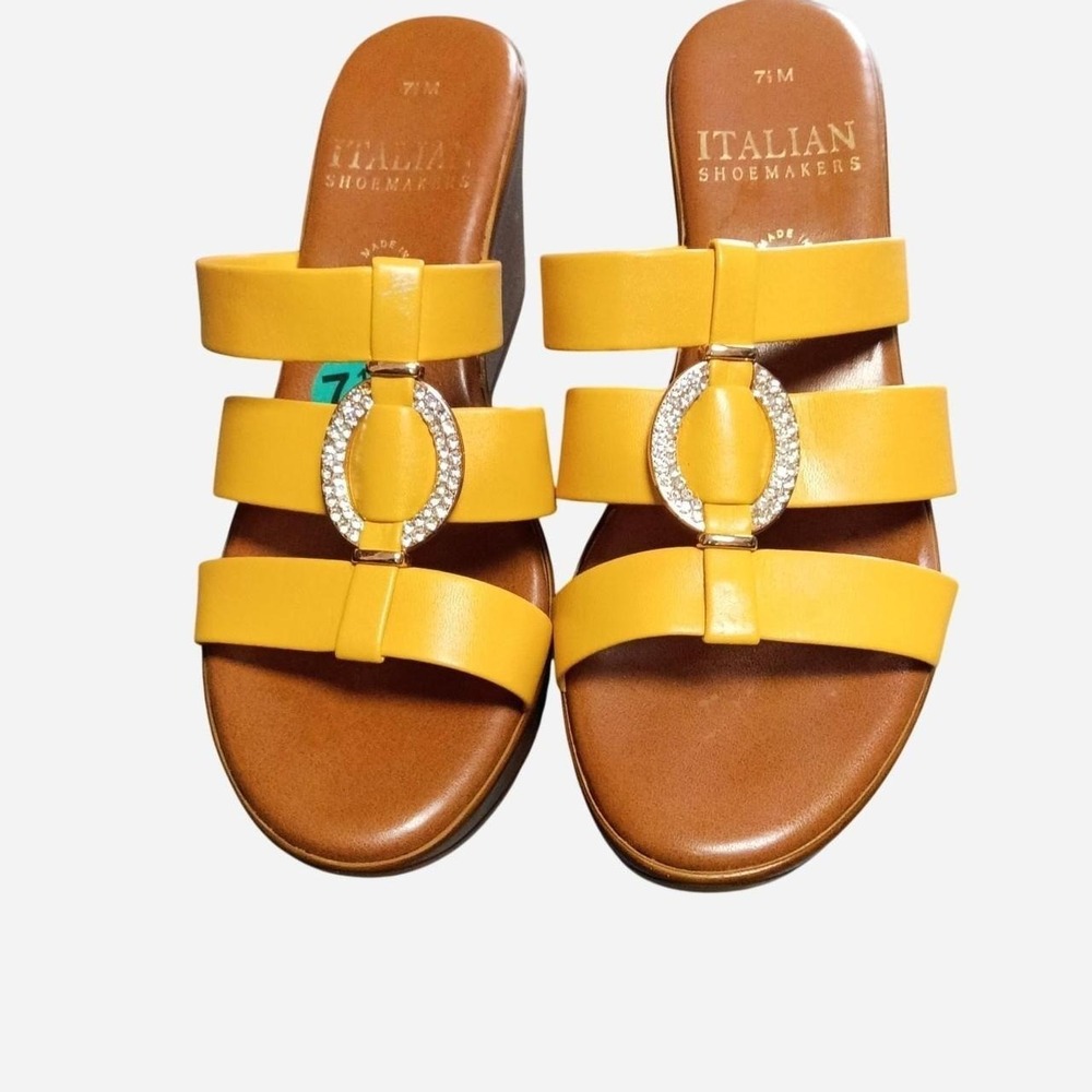Yellow Italian Leather Strappy Sandals With Rhinestone Buckle Detail Size: US 7